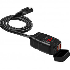 Waterproof motorcycle charger with two USB 3.0 ports on the handlebars and a voltmeter